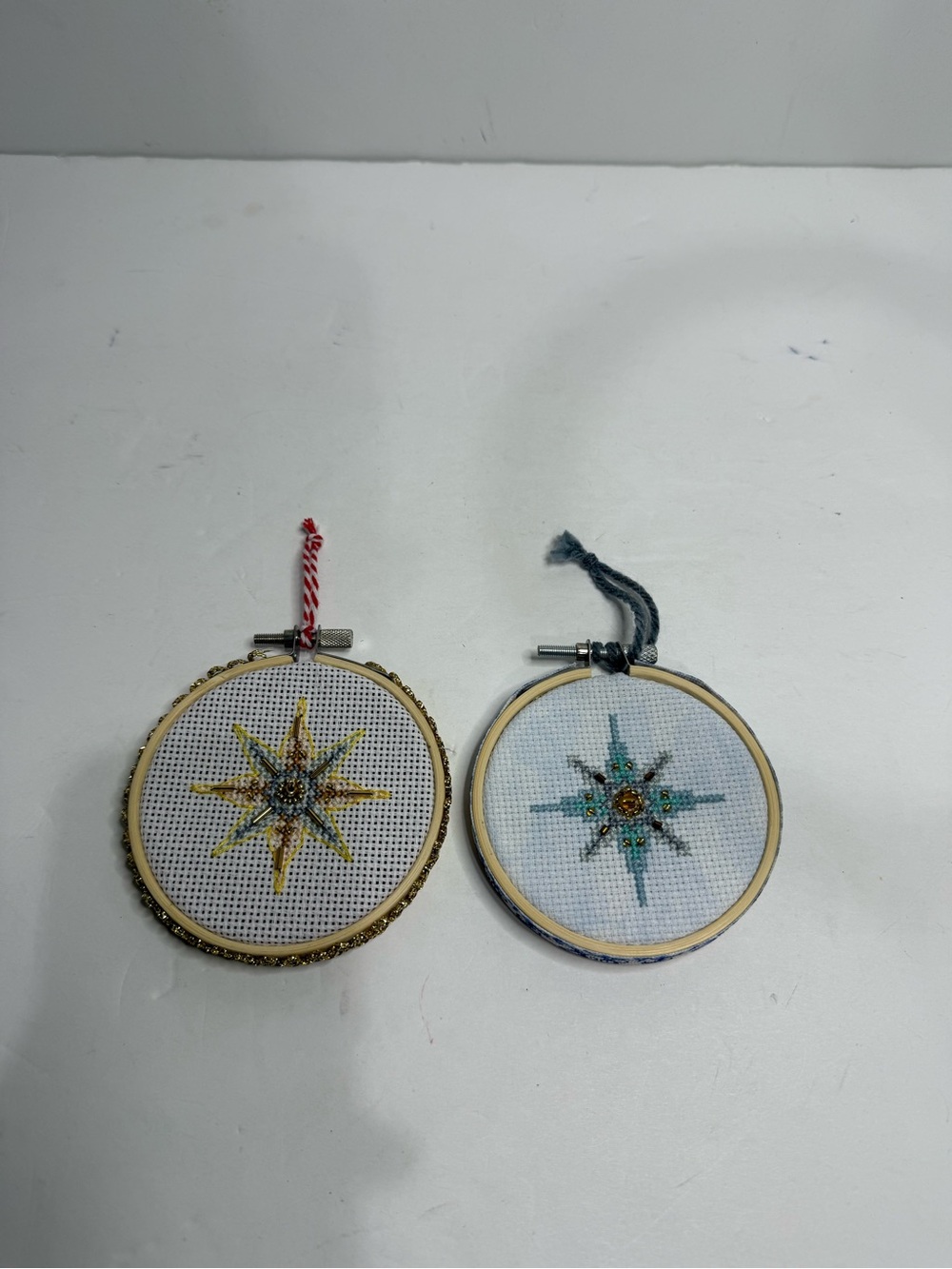 Set of 2 Handmade Cross Stitch Star Hoop Ornaments Hand Embroidered Star